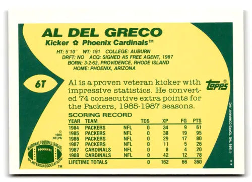 1989 Topps Traded Al Del Greco rookie card featuring Cardinals, NM-MT condition