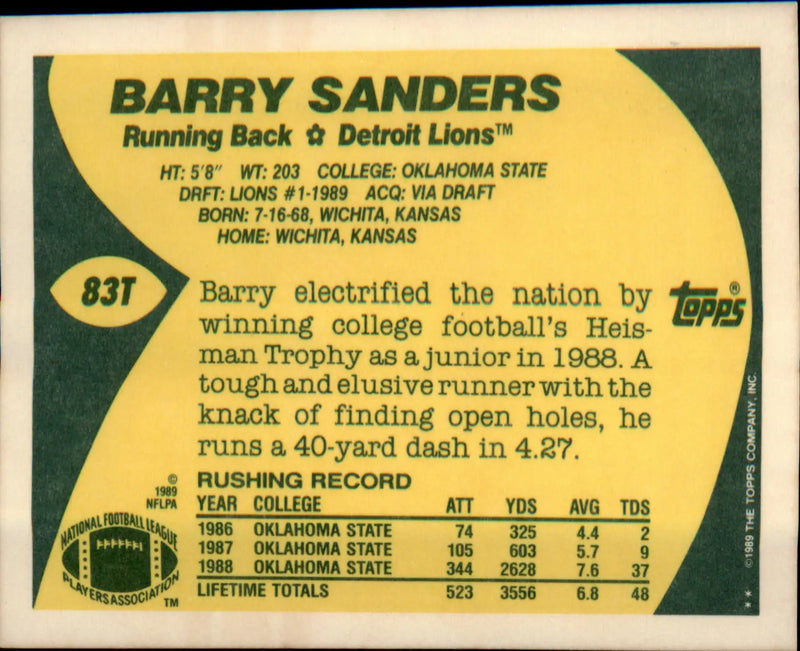 1989 Topps Traded #83T Barry Sanders - Football Card Single