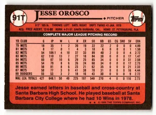 1989 Topps Traded #91T Jesse Orosco Cleveland Indians Baseball Cards ID:64435 - Baseball Card Single