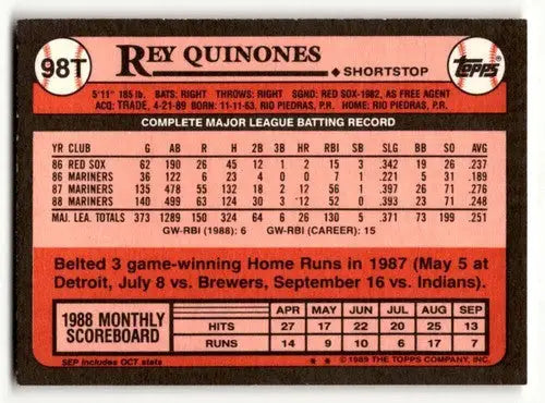 1989 Topps Traded #98T Rey Quinones Pittsburgh Pirates Baseball Card ID:58588 - Baseball Card Single