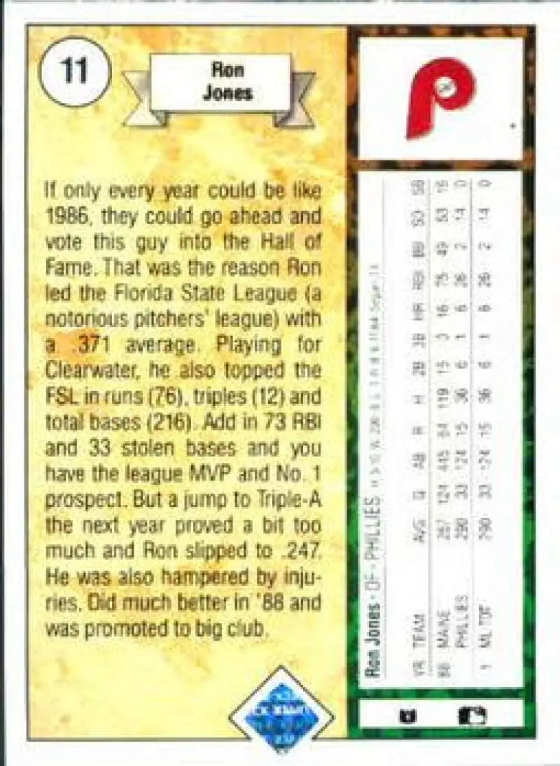 1989 Upper Deck #11 Ron Jones NM-MT RC Rookie Philadelphia Phillies Baseball Card - Baseball Card Single