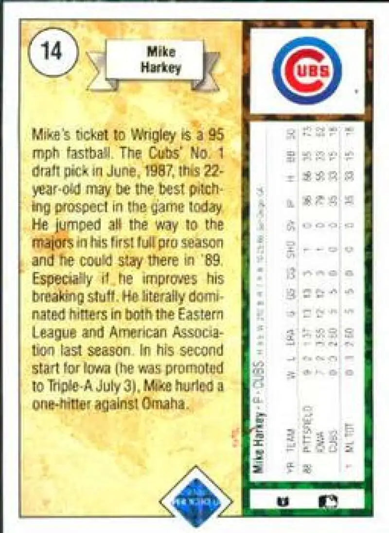 1989 Upper Deck #14 Mike Harkey NM-MT RC Rookie Chicago Cubs Baseball Card - Baseball Card Single