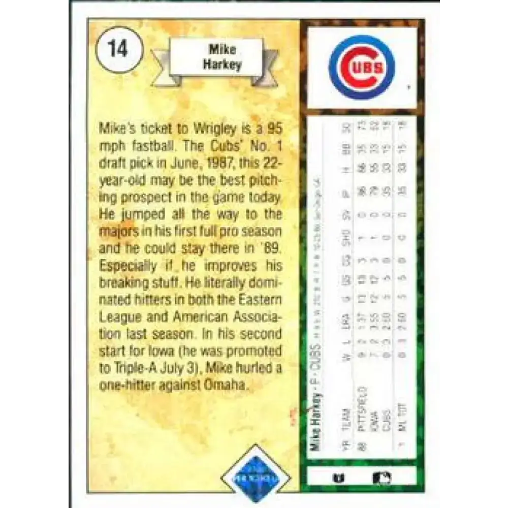1989 Upper Deck #14 Mike Harkey NM-MT RC Rookie Chicago Cubs Baseball Card - Baseball Card Single