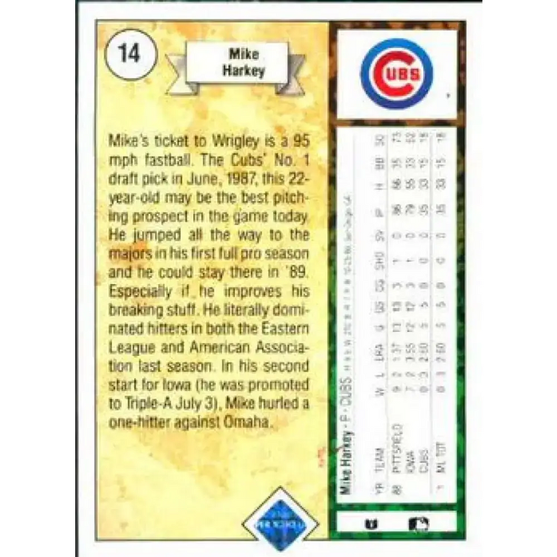 1989 Upper Deck #14 Mike Harkey NM-MT RC Rookie Chicago Cubs Baseball Card - Baseball Card Single