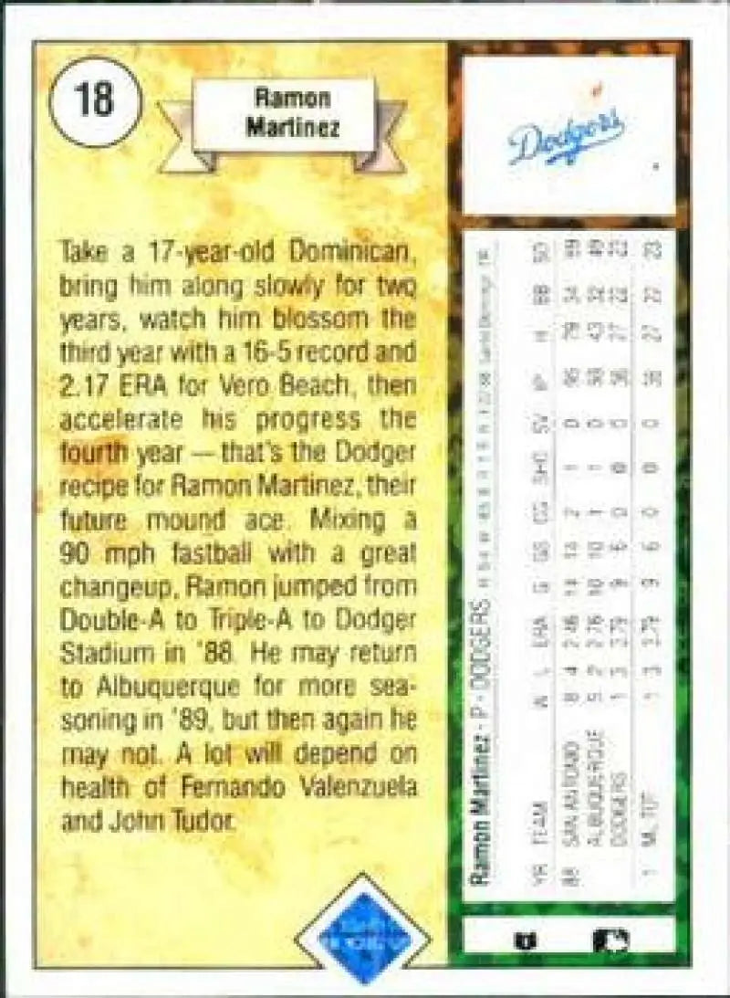 1989 Upper Deck #18 Ramon Martinez NM-MT RC Rookie Los Angeles Dodgers Baseball Card - Baseball Card Single