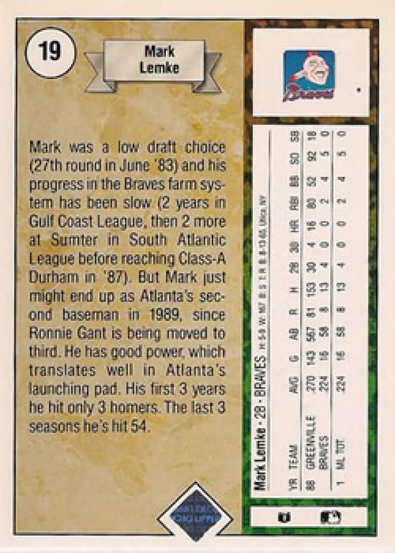 1989 Upper Deck #19 Mark Lemke NM-MT RC Rookie Atlanta Braves Baseball Card - Baseball Card Single