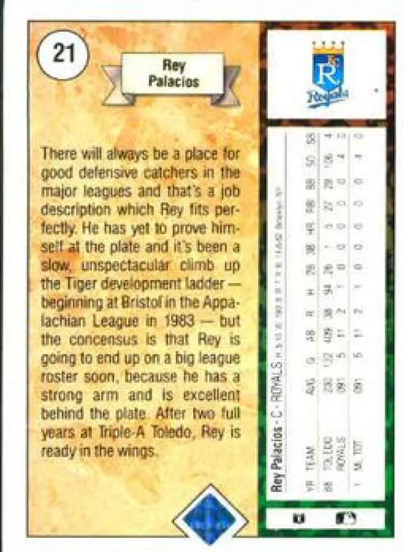 1989 Upper Deck #21 Rey Palacios NM-MT RC Rookie Kansas City Royals Baseball Card - Baseball Card Single