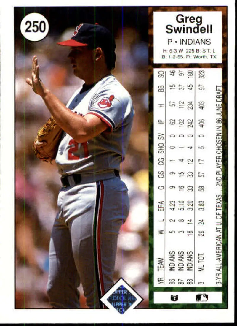 1989 Upper Deck #250 Greg Swindell NM-MT Cleveland Indians Baseball Card - Baseball Card Single