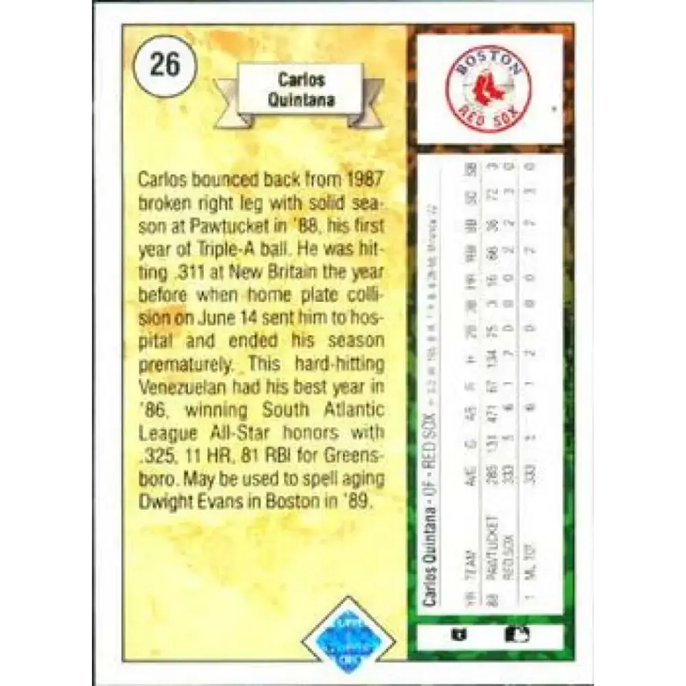 1989 Upper Deck #26 Carlos Quintana NM-MT RC Rookie Boston Red Sox Baseball Card - Baseball Card Single