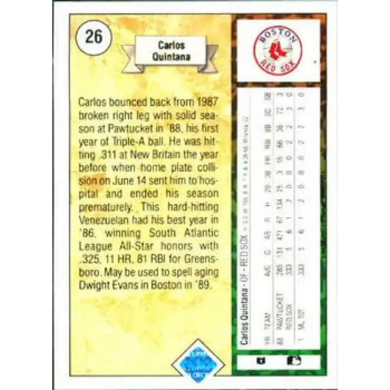 1989 Upper Deck #26 Carlos Quintana NM-MT RC Rookie Boston Red Sox Baseball Card - Baseball Card Single