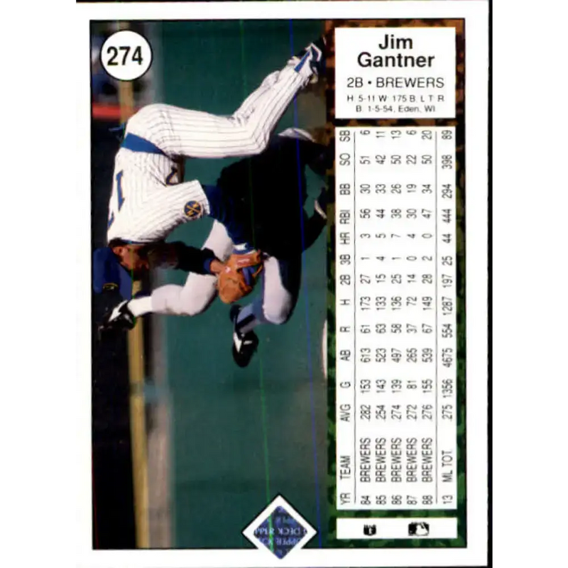 1989 Upper Deck #274 Jim Gantner NM-MT Milwaukee Brewers Baseball Card - Baseball Card Single