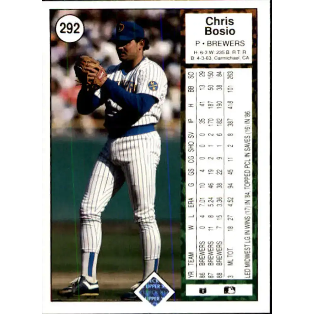 1989 Upper Deck #292 Chris Bosio NM-MT Milwaukee Brewers Baseball Card - Baseball Card Single