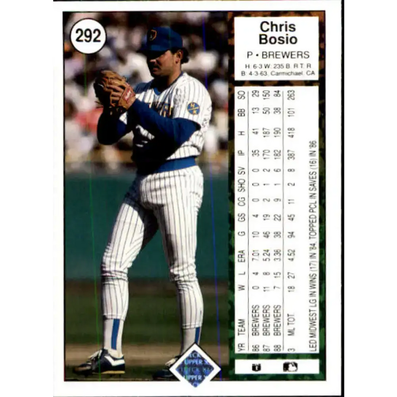 1989 Upper Deck #292 Chris Bosio NM-MT Milwaukee Brewers Baseball Card - Baseball Card Single