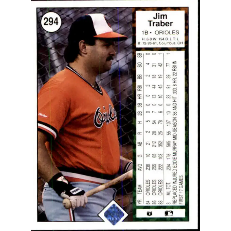 1989 Upper Deck #294 Jim Traber NM-MT Baltimore Orioles Baseball Card - Baseball Card Single