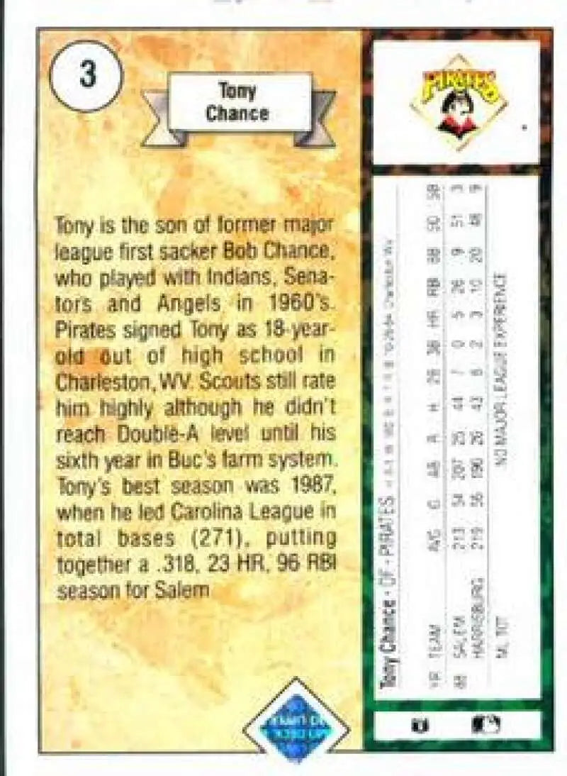 1989 Upper Deck #3 Tony Chance NM-MT RC Rookie Pittsburgh Pirates Baseball Card - Baseball Card Single