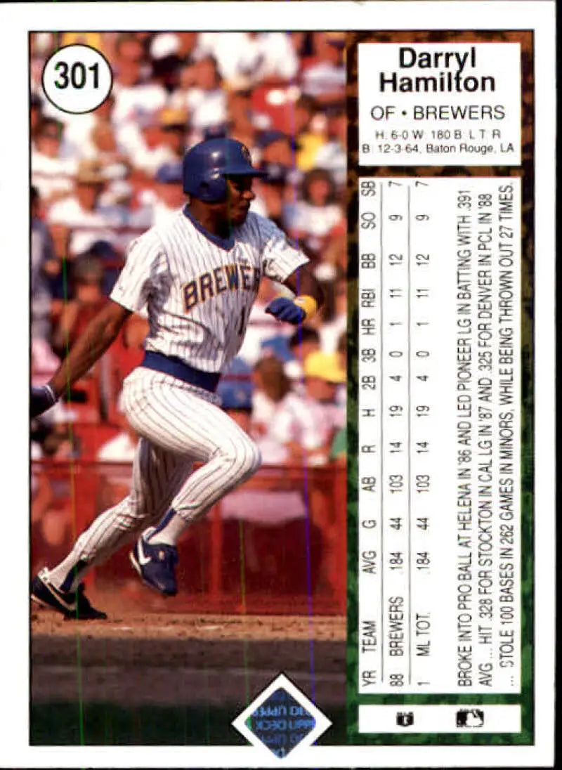 1989 Upper Deck #301 Darryl Hamilton NM-MT RC Rookie Milwaukee Brewers Baseball Card - Baseball Card Single