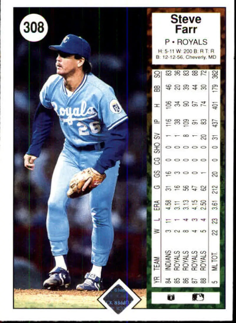 1989 Upper Deck #308 Steve Farr NM-MT Kansas City Royals Baseball Card - Baseball Card Single