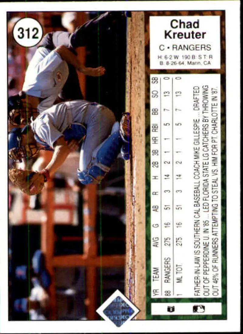 1989 Upper Deck #312 Chad Kreuter NM-MT RC Rookie Texas Rangers Baseball Card - Baseball Card Single