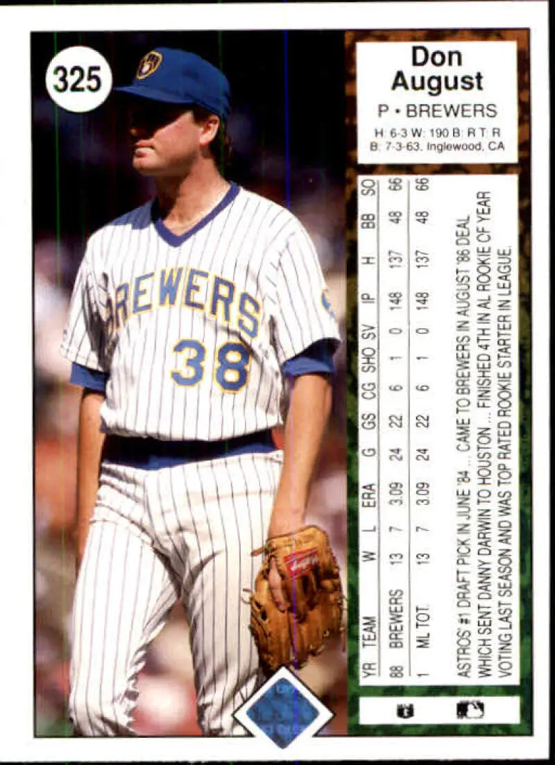 1989 Upper Deck #325 Don August NM-MT Milwaukee Brewers Baseball Card - Baseball Card Single