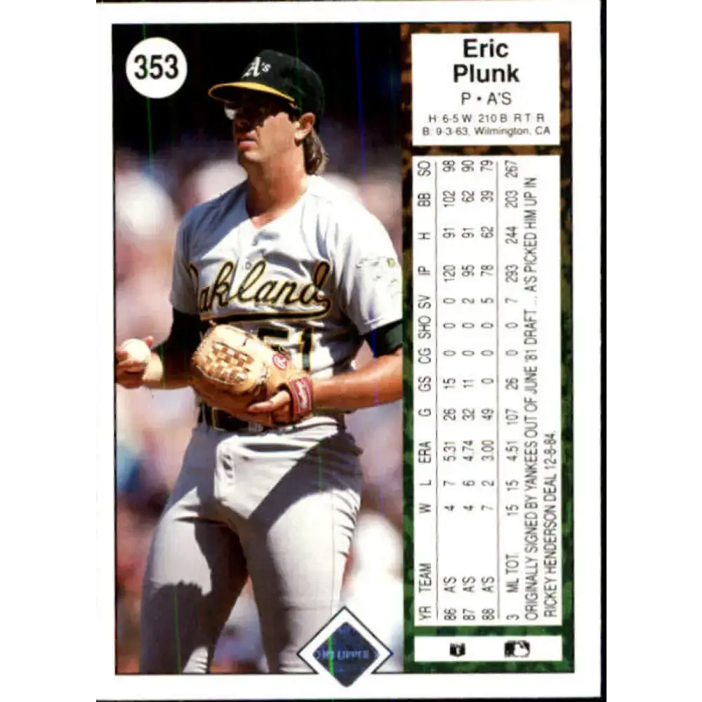 1989 Upper Deck #353 Eric Plunk NM-MT Oakland Athletics Baseball Card - Baseball Card Single