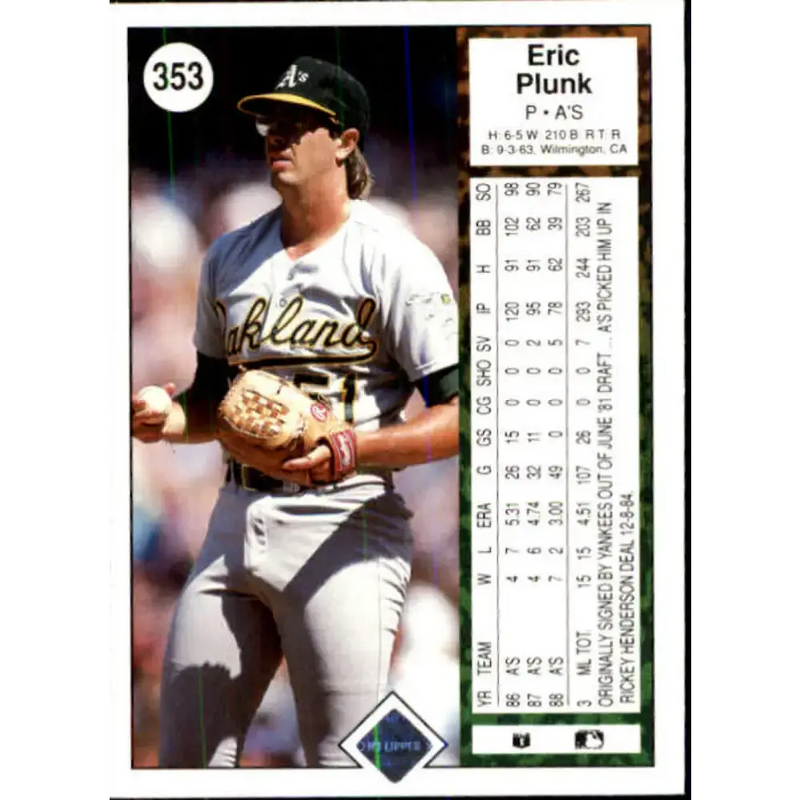 1989 Upper Deck #353 Eric Plunk NM-MT Oakland Athletics Baseball Card - Baseball Card Single