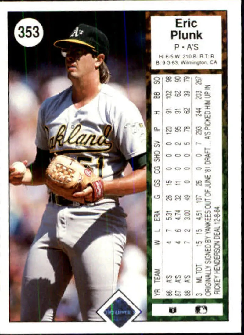 1989 Upper Deck #353 Eric Plunk NM-MT Oakland Athletics Baseball Card - Baseball Card Single