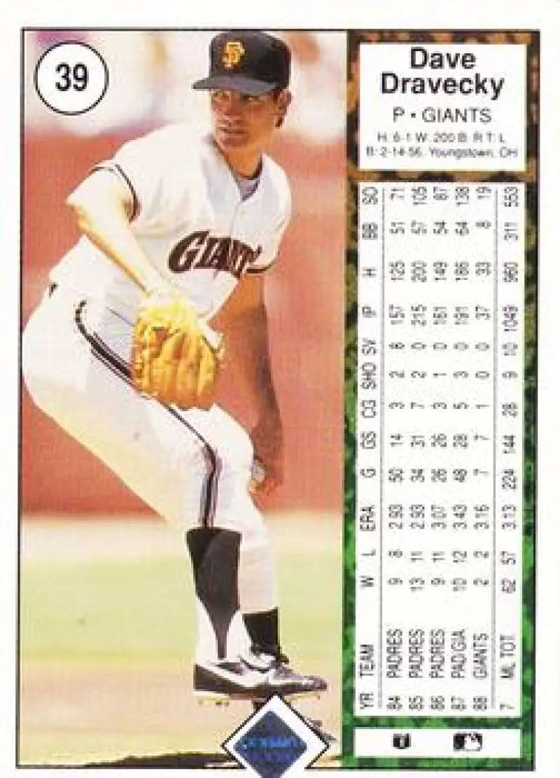 1989 Upper Deck #39 Dave Dravecky NM-MT San Francisco Giants Baseball Card - Baseball Card Single