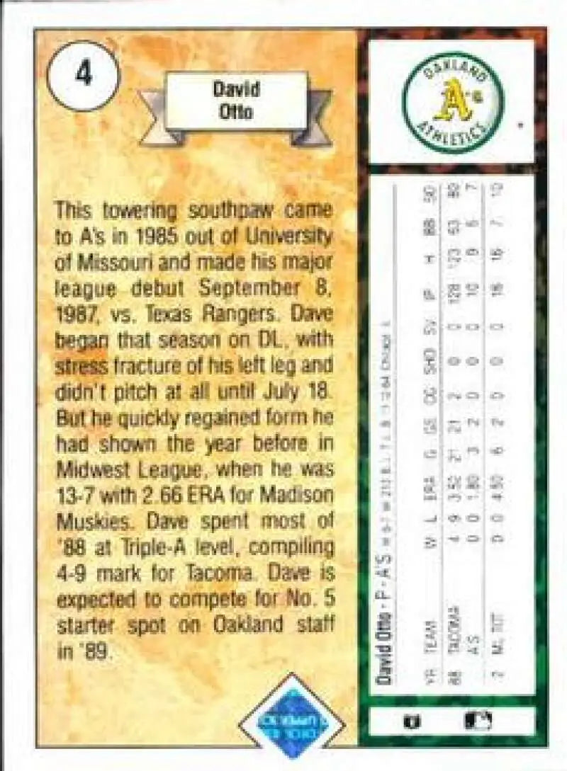 1989 Upper Deck #4 Dave Otto NM-MT Oakland Athletics Baseball Card - Baseball Card Single
