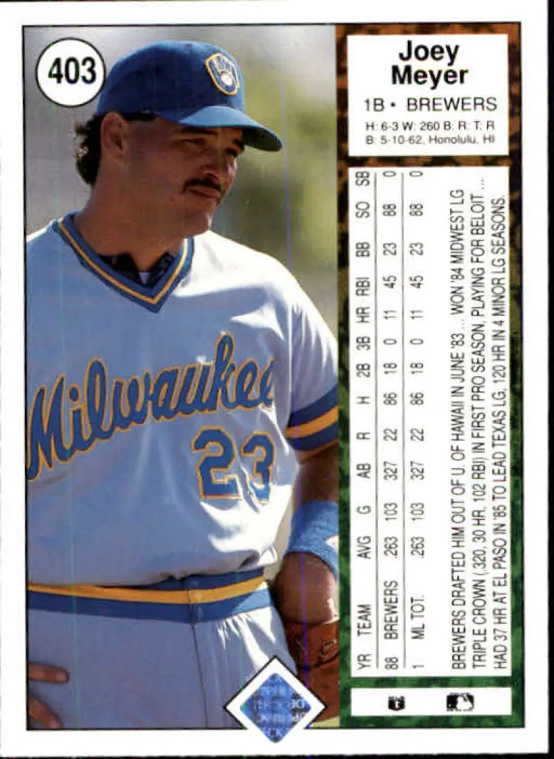 1989 Upper Deck #403 Joey Meyer NM-MT Milwaukee Brewers Baseball Card - Baseball Card Single