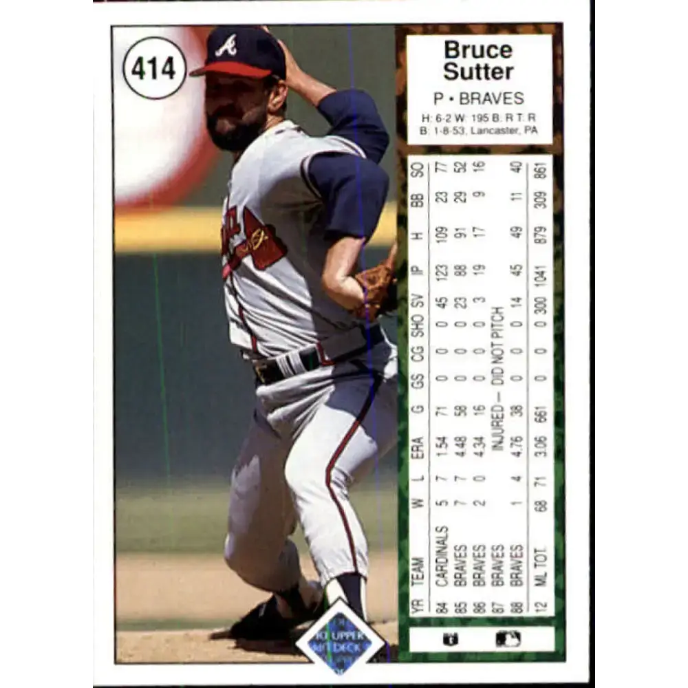 1989 Upper Deck #414 Bruce Sutter NM-MT Atlanta Braves Baseball Card - Baseball Card Single