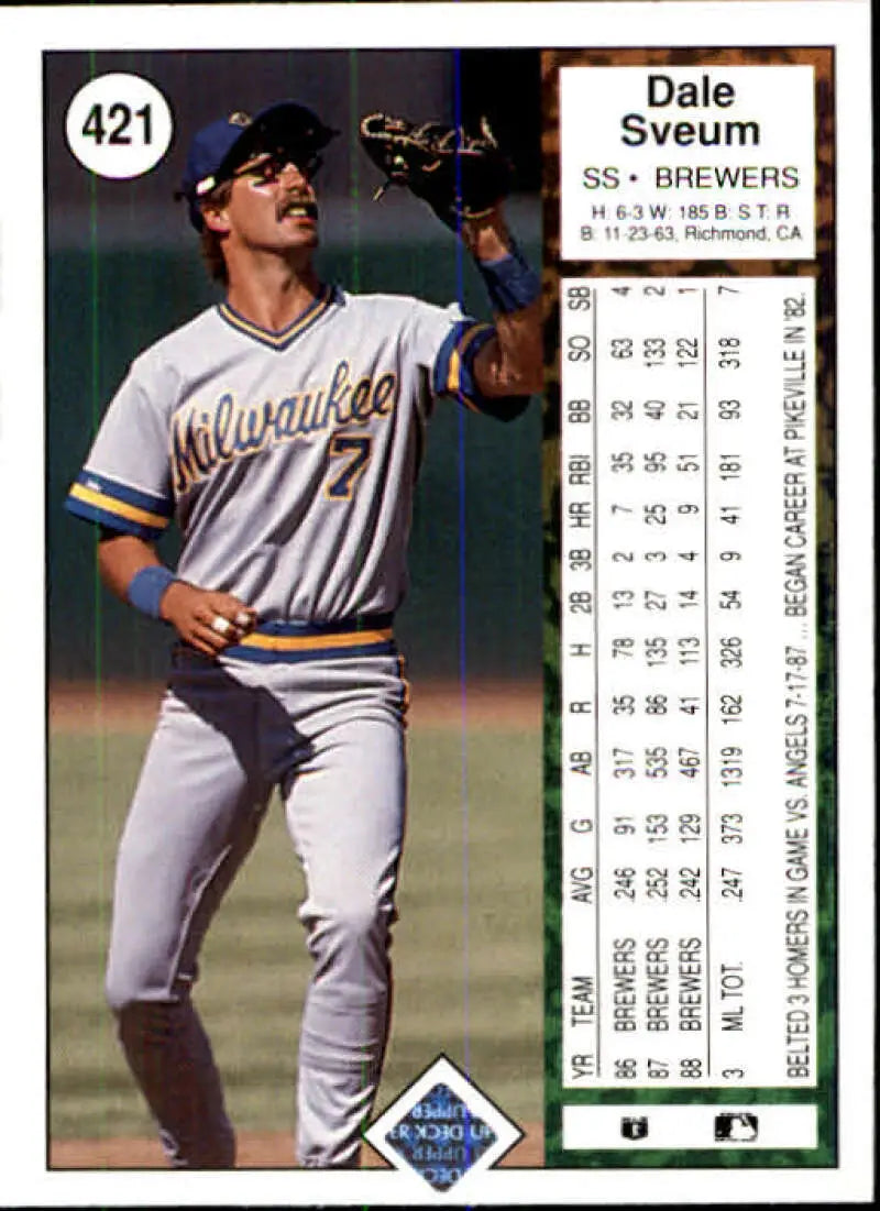 1989 Upper Deck #421 Dale Sveum NM-MT Milwaukee Brewers Baseball Card - Baseball Card Single