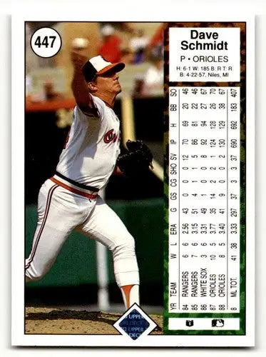 Original gloss of Dave Schmidt Baltimore baseball card from 1989 Upper Deck featuring Schmidt Baltimore Orioles