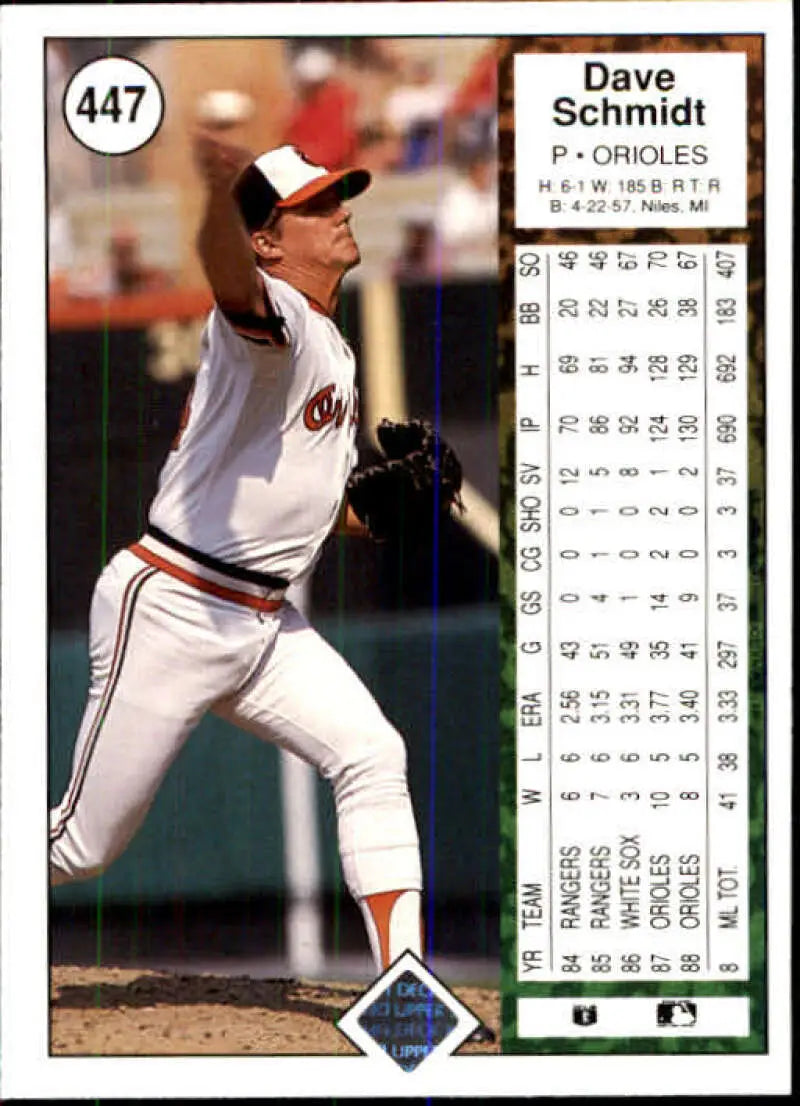 1989 Upper Deck #447 Dave Schmidt NM-MT Baltimore Orioles Baseball Card - Baseball Card Single