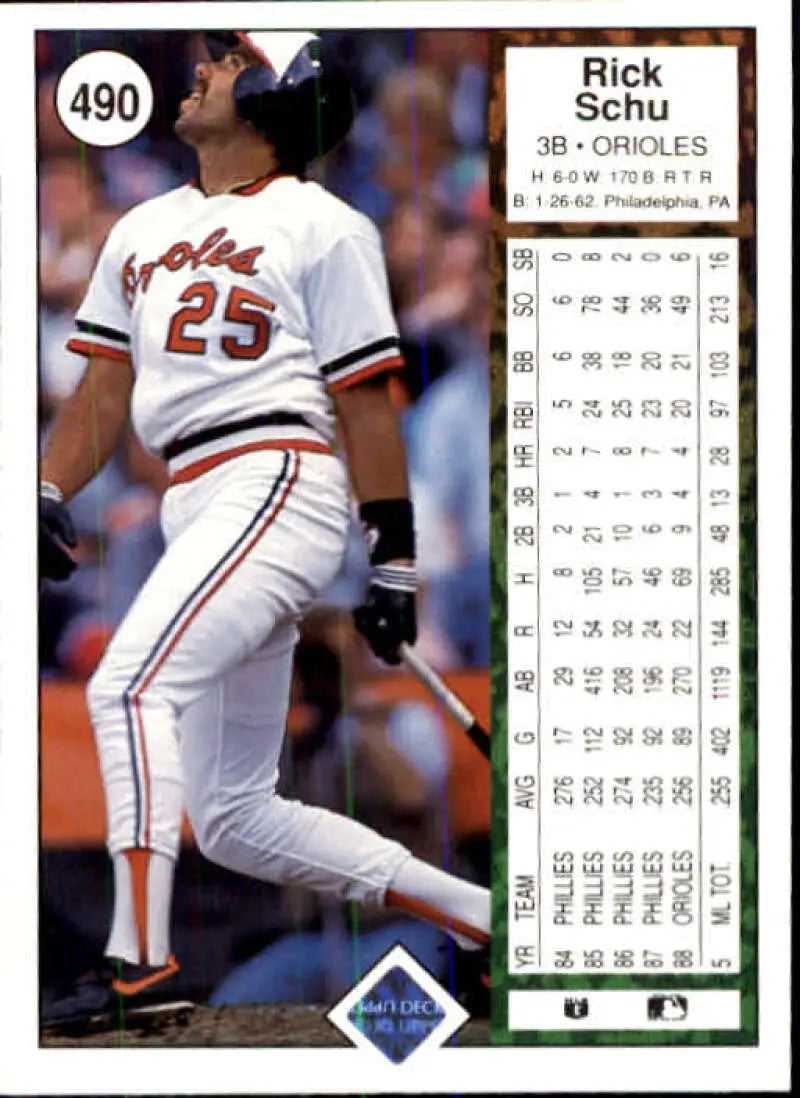 1989 Upper Deck #490 Rick Schu NM-MT Baltimore Orioles Baseball Card - Baseball Card Single