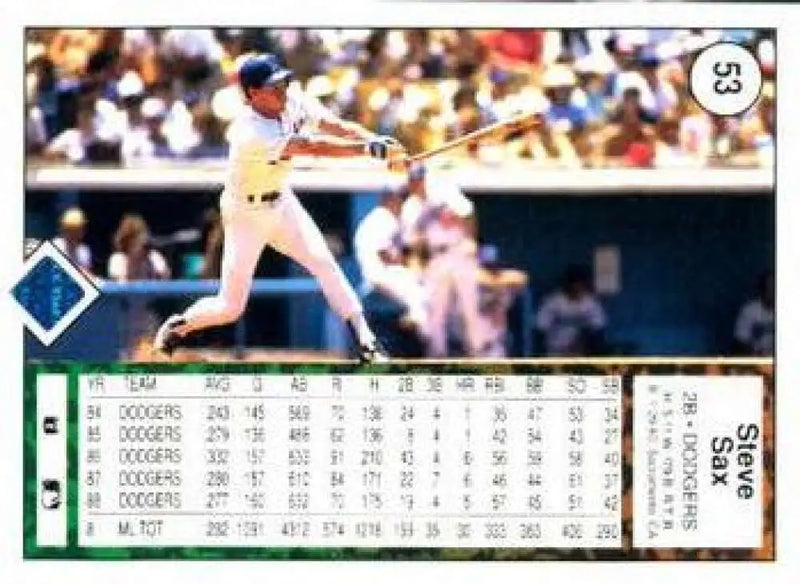 1989 Upper Deck #53 Steve Sax NM-MT Los Angeles Dodgers Baseball Card - Baseball Card Single