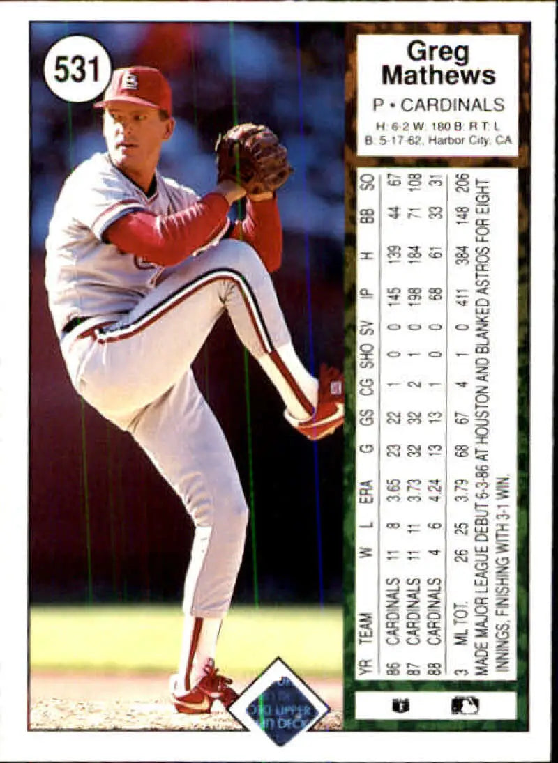 1989 Upper Deck #531 Greg Mathews NM-MT St. Louis Cardinals Baseball Card - Baseball Card Single