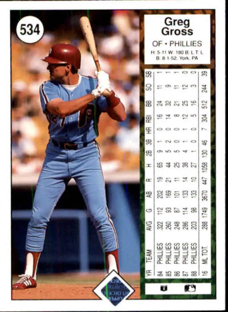 1989 Upper Deck #534 Greg Gross NM-MT Philadelphia Phillies Baseball Card - Baseball Card Single