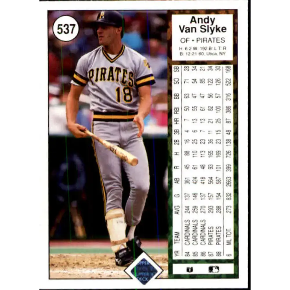 1989 Upper Deck #537 Andy Van Slyke NM-MT Pittsburgh Pirates Baseball Card - Baseball Card Single