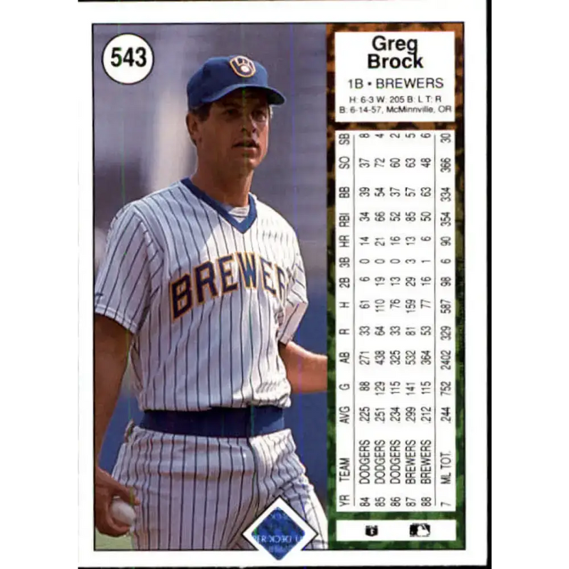 1989 Upper Deck #543 Greg Brock NM-MT Milwaukee Brewers Baseball Card - Baseball Card Single