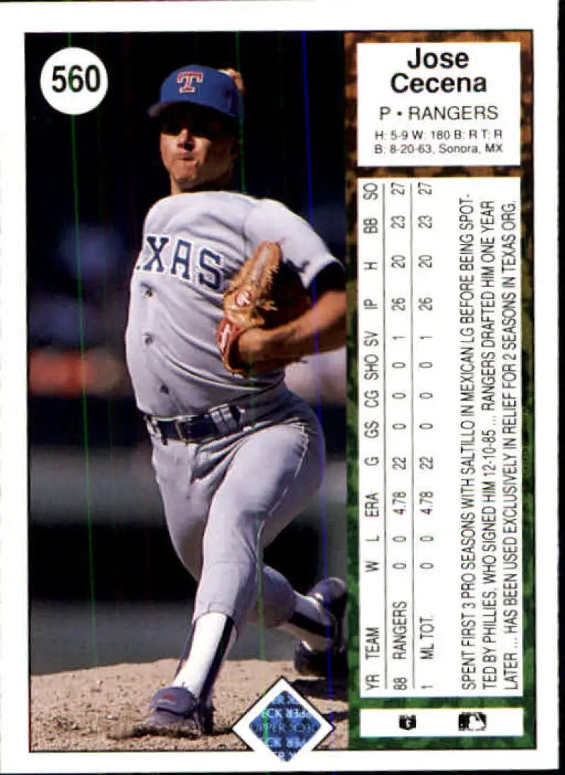 1989 Upper Deck #560 Jose Cecena NM-MT RC Rookie Texas Rangers Baseball Card - Baseball Card Single