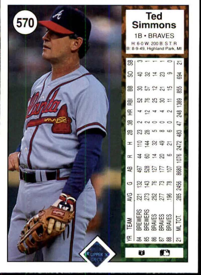 1989 Upper Deck #570 Ted Simmons NM-MT Atlanta Braves Baseball Card - Baseball Card Single