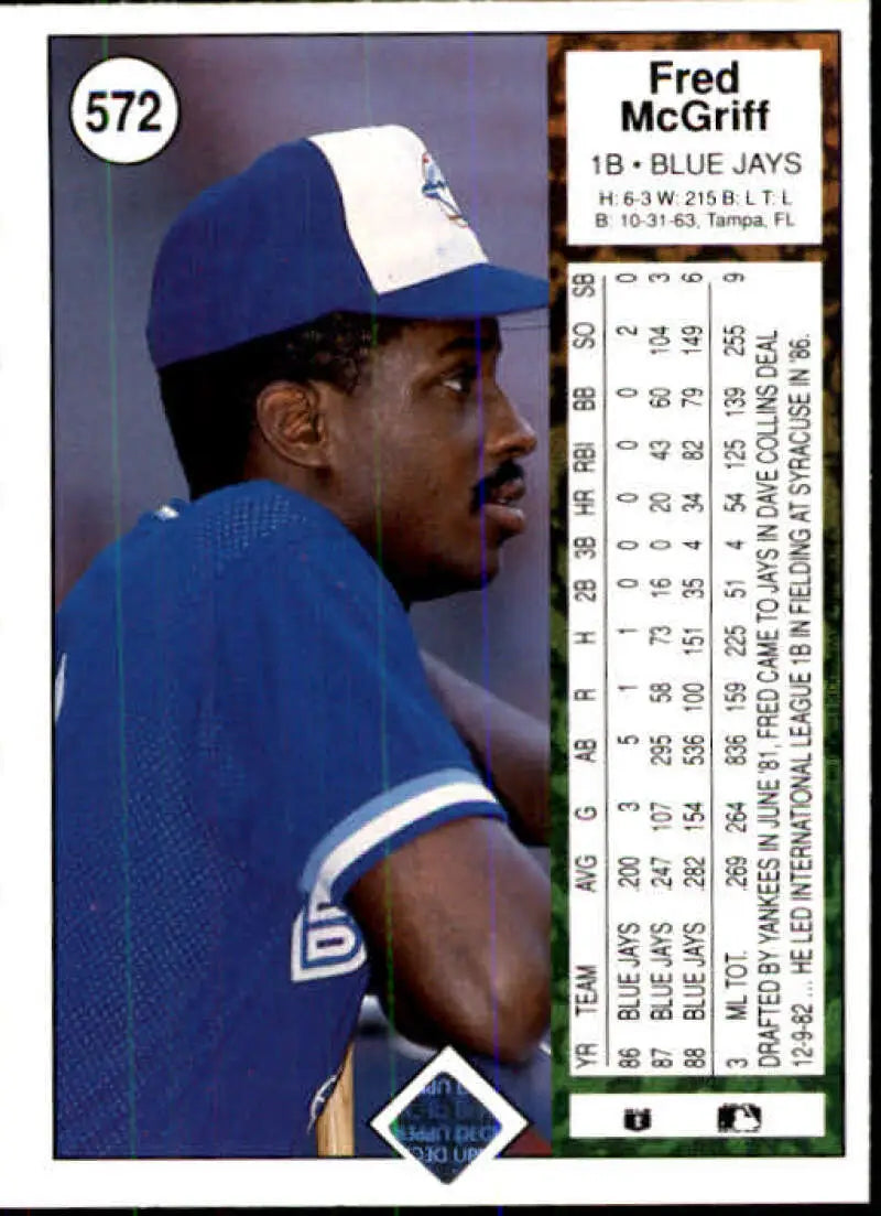 1989 Upper Deck #572 Fred McGriff NM-MT Toronto Blue Jays Baseball Card - Baseball Card Single