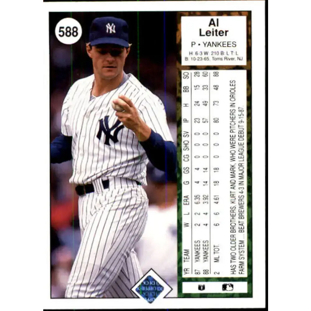 1989 Upper Deck #588 Al Leiter NM-MT New York Yankees Baseball Card - Baseball Card Single