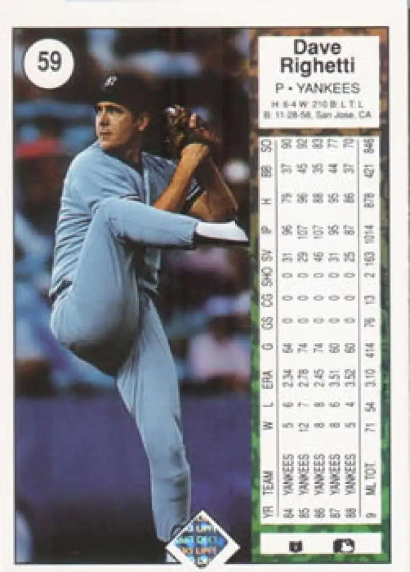 1989 Upper Deck #59 Dave Righetti NM-MT New York Yankees Baseball Card - Baseball Card Single