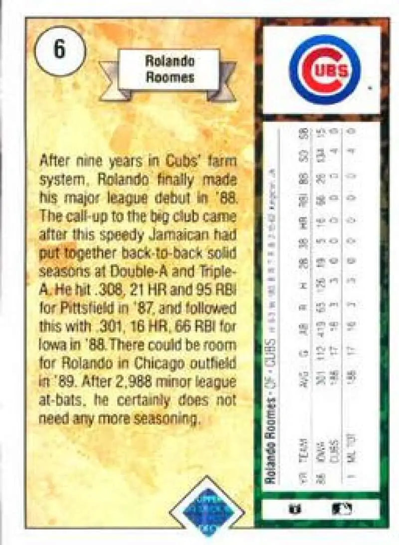 1989 Upper Deck #6 Rolando Roomes NM-MT RC Rookie Chicago Cubs Baseball Card - Baseball Card Single