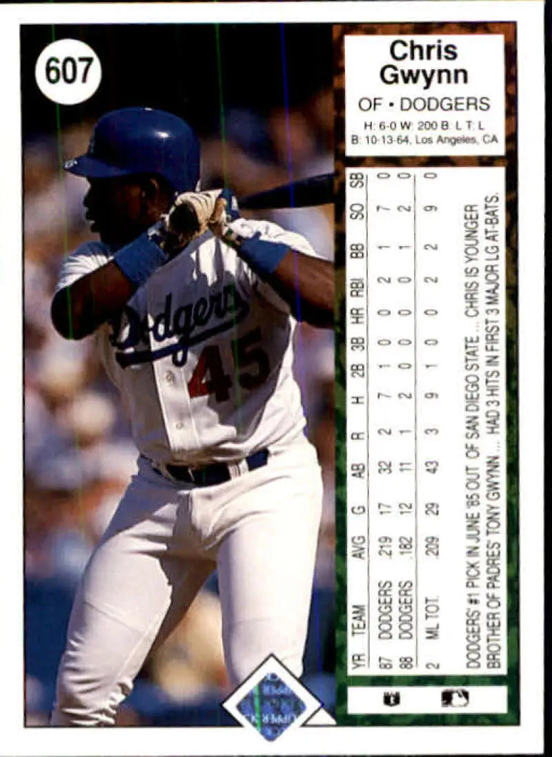 1989 Upper Deck #607 Chris Gwynn NM-MT Los Angeles Dodgers Baseball Card - Baseball Card Single