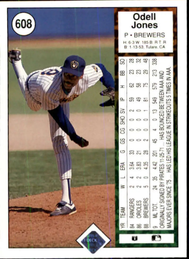 1989 Upper Deck #608 Odell Jones NM-MT Milwaukee Brewers Baseball Card - Baseball Card Single