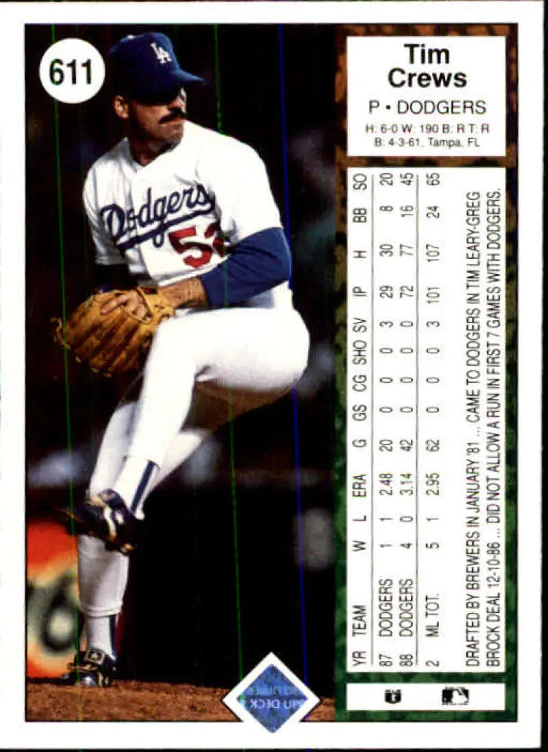 1989 Upper Deck #611 Tim Crews NM-MT Los Angeles Dodgers Baseball Card - Baseball Card Single