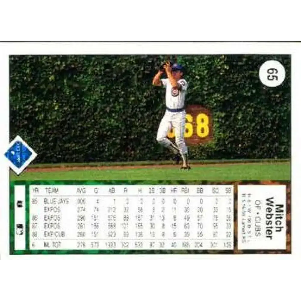 1989 Upper Deck #65 Mitch Webster NM-MT Chicago Cubs Baseball Card - Baseball Card Single