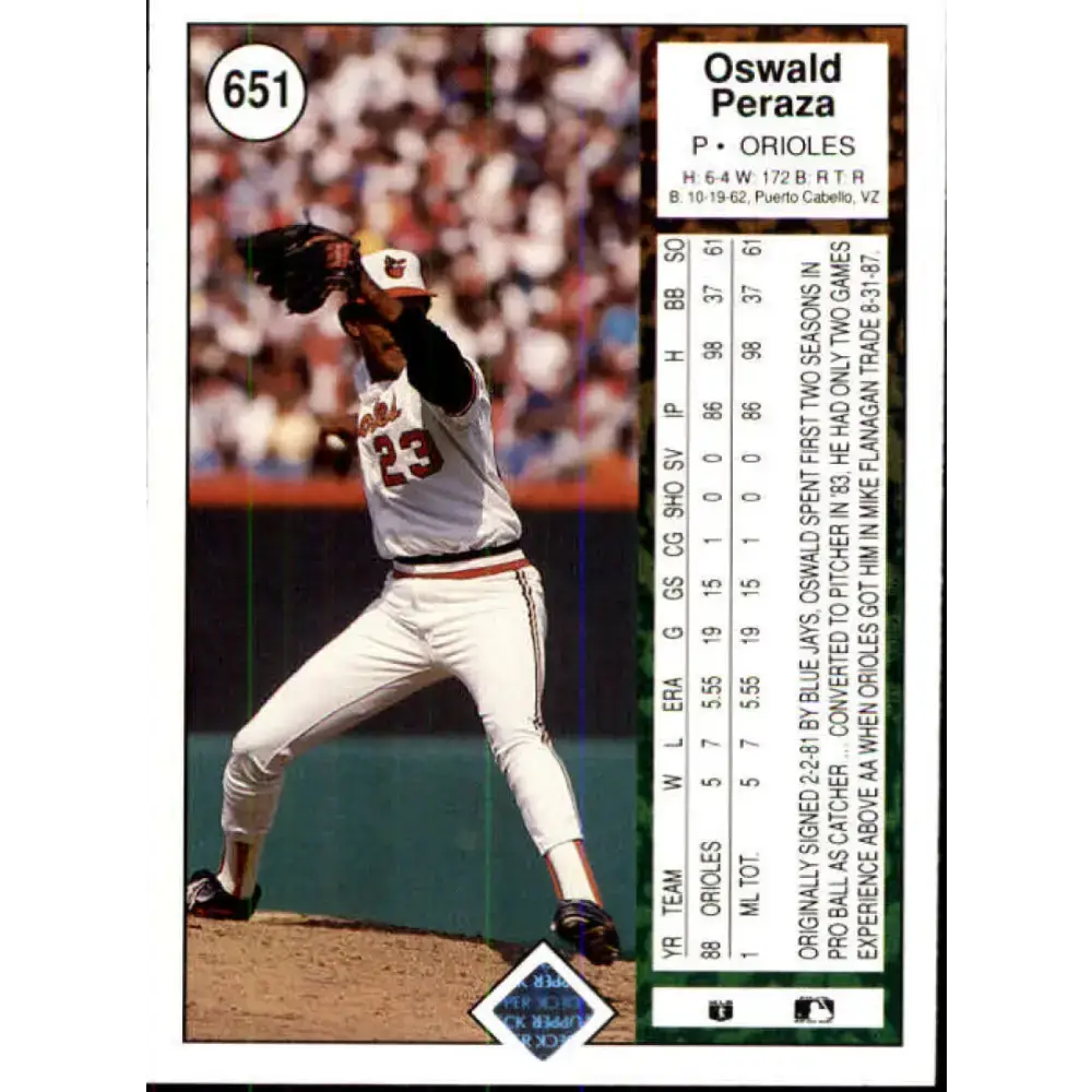 1989 Upper Deck #651 Oswaldo Peraza NM-MT Baltimore Orioles Baseball Card - Baseball Card Single